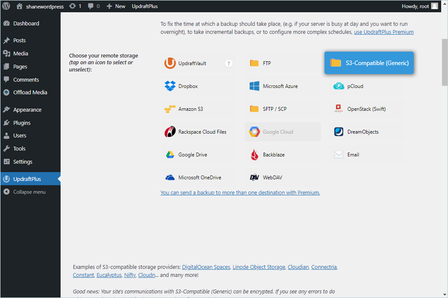 UpdraftPlus backup guide - Choose compatible S3 storage